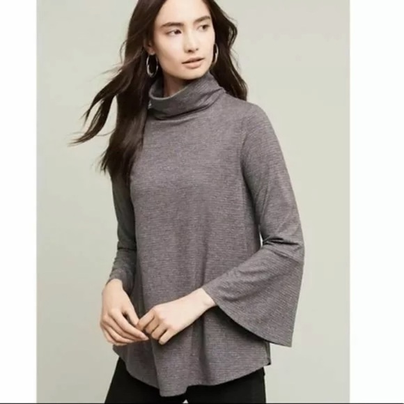 Anthropologie Postmark Grey Striped Liz Bell Sleeve Turtleneck Top M - Picture 7 of 9